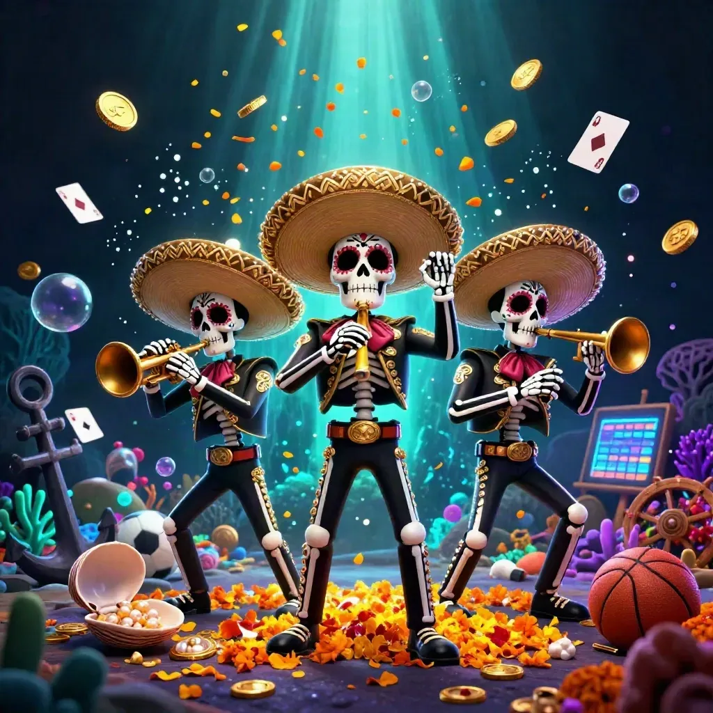 3D skeleton mariachi trio amid treasure coins, coral, bubbles, and sportsbook props