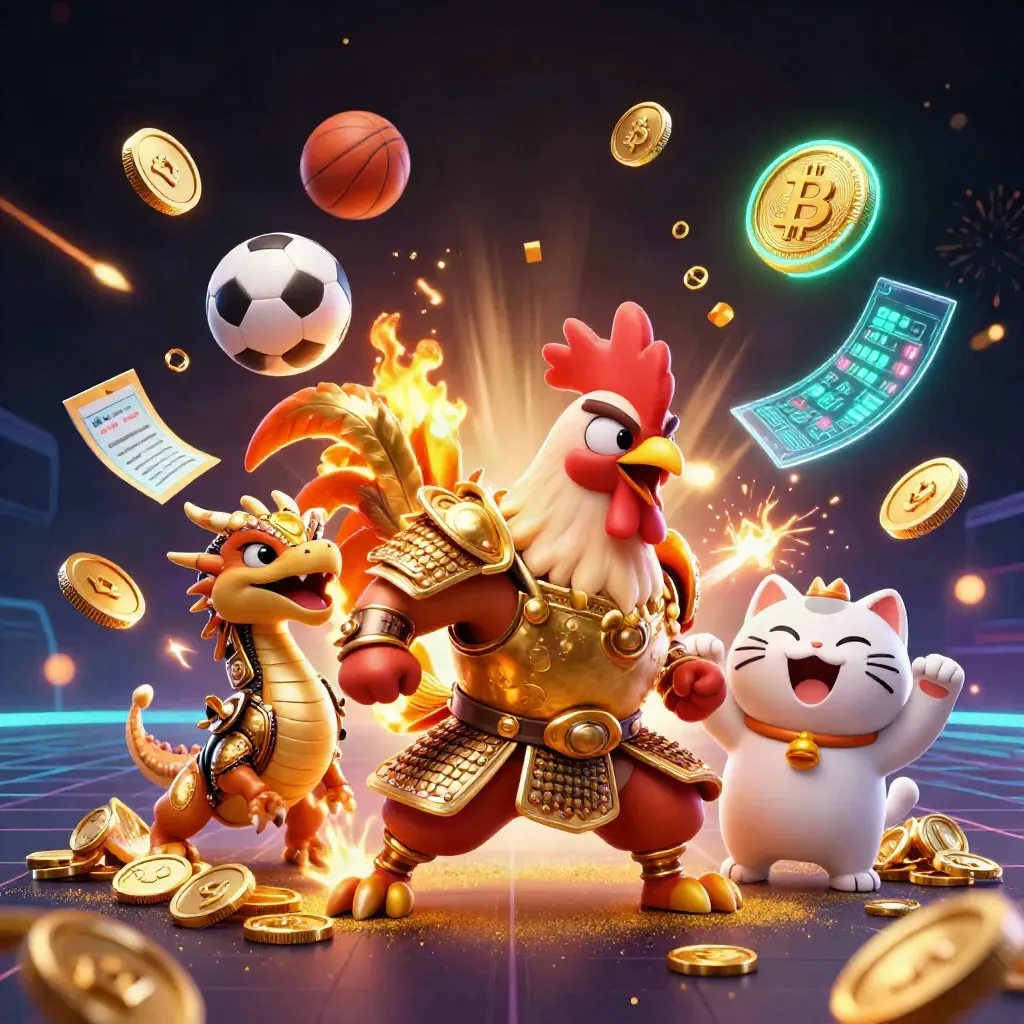 Rooster samurai, dragon hatchling, and cheering fortune-cat amid coins, fireworks, and neon sportsbook energy.