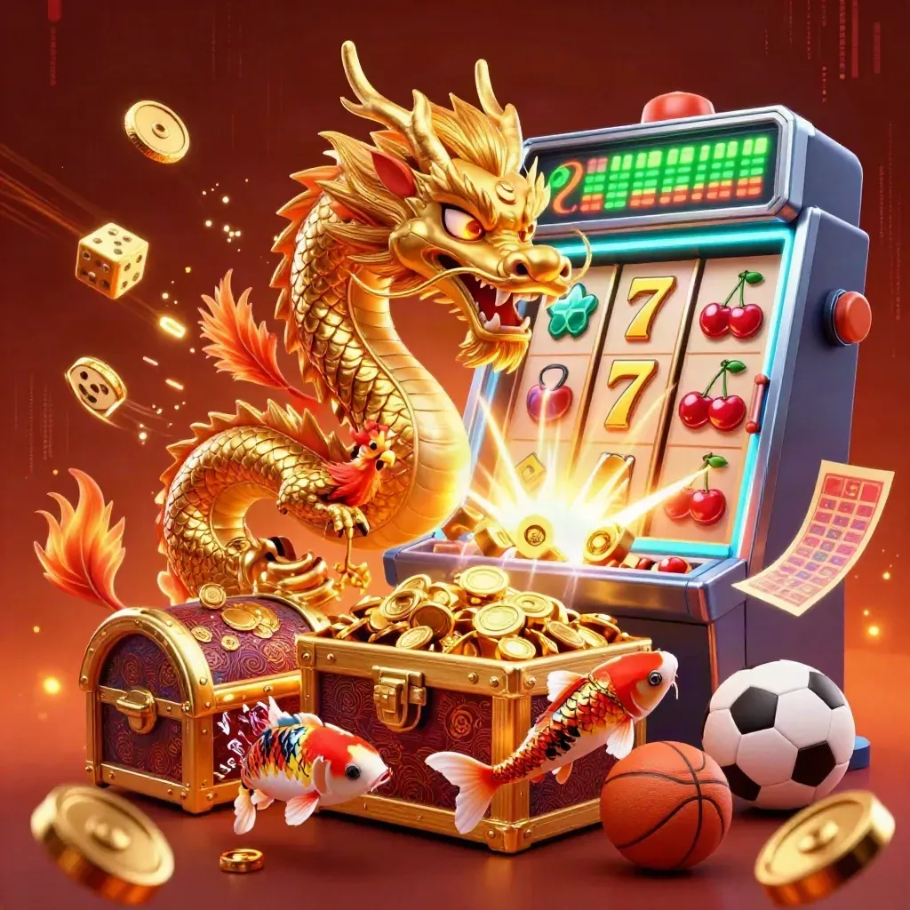 Golden dragon, phoenix, koi, slot burst, coins and sports gear in a fiery casino splash.