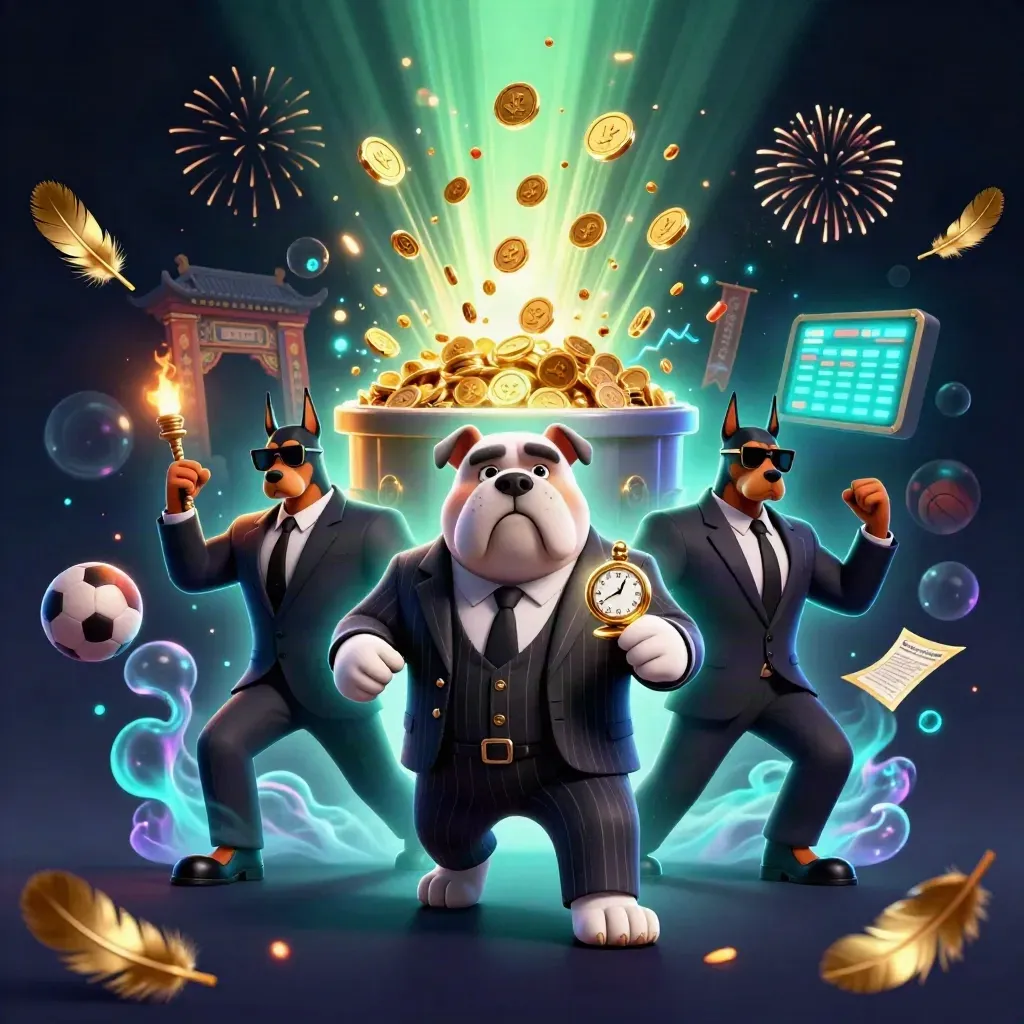 Bulldog boss and two Doberman guards amid coins, fireworks, temple gate, and sports betting icons.