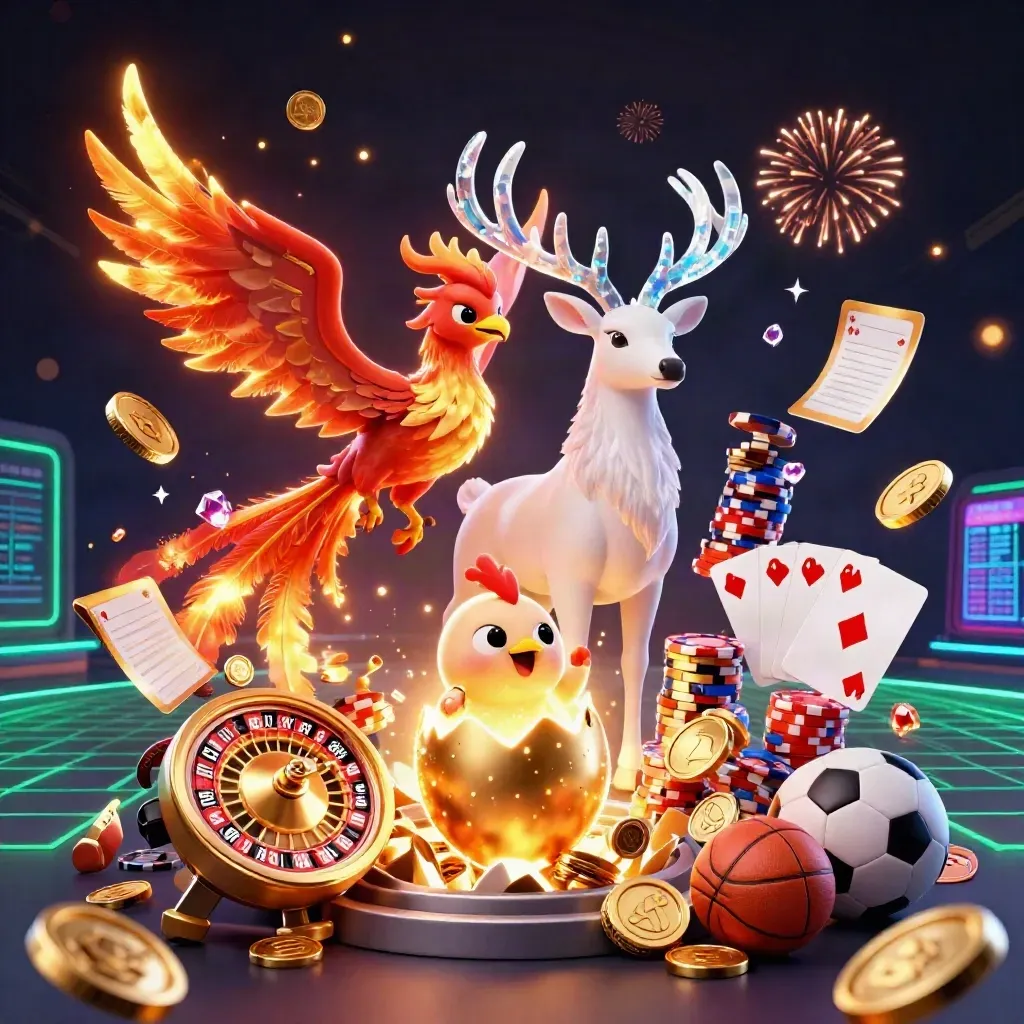 Phoenix, baby phoenix, and crystal stag amid coins, chips, cards, and sports gear