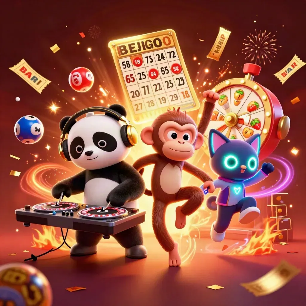 DJ panda, dancing monkey, and rave kitten amid casino wheels, sparks, and neon confetti.
