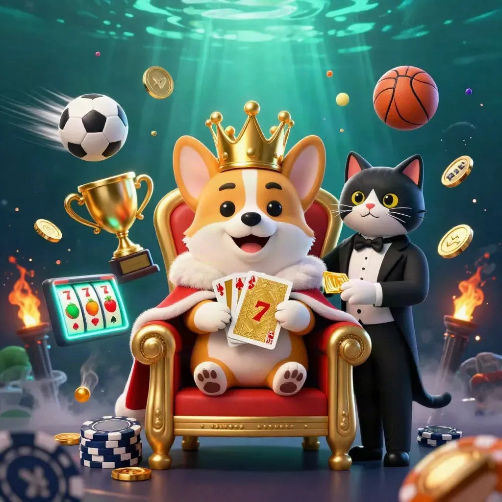 Royal corgi king and cat butler on poker-chip throne amid flying sports balls and casino sparks
