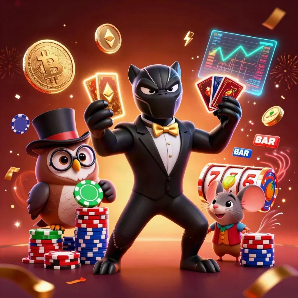 Panther, owl, and mouse gambling heroes amid coins, chips, lightning, and fiery casino effects.