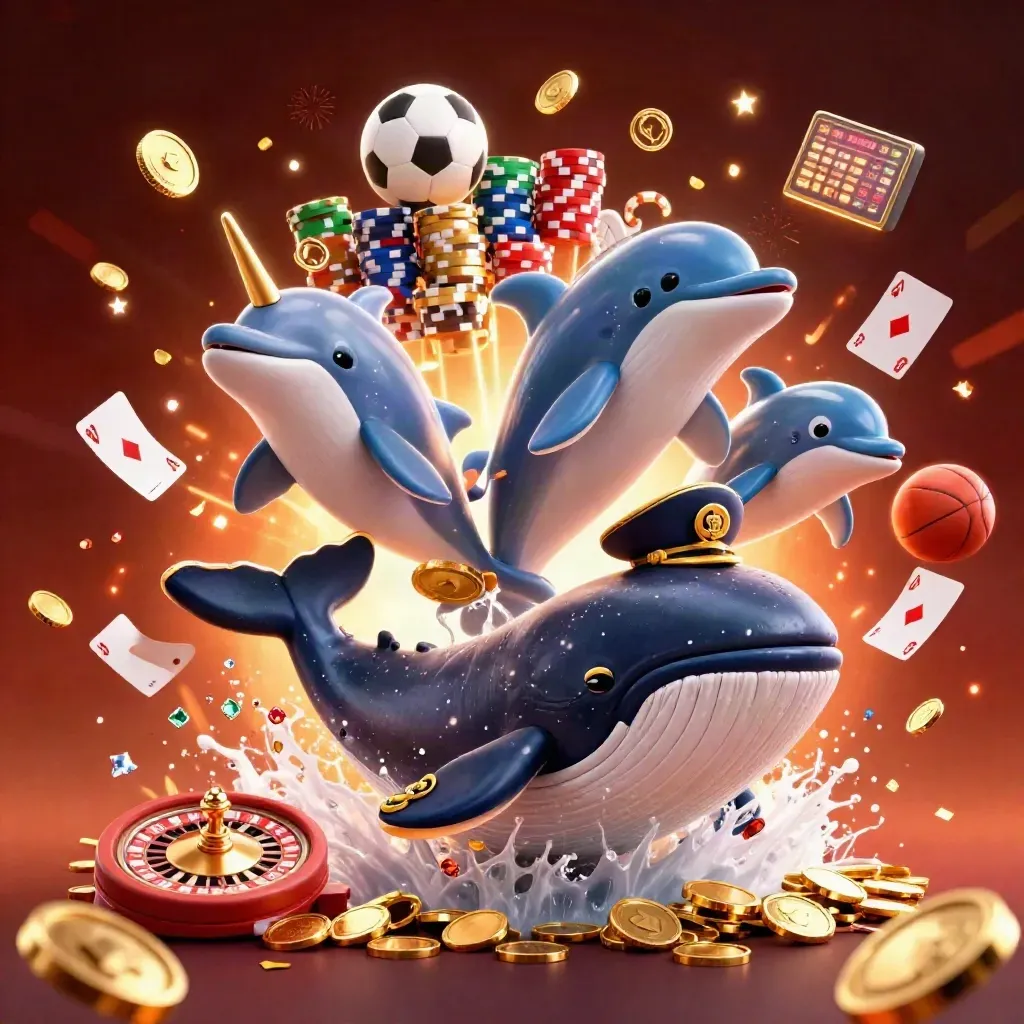 Whale captain, narwhal, and dolphins amid casino coins, chips, cards, and sports props in neon light.
