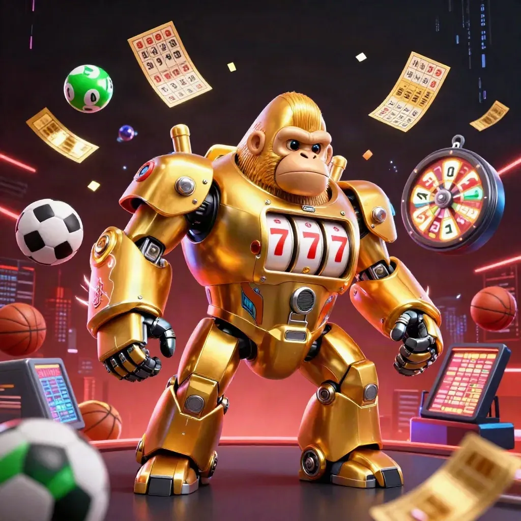Golden gorilla mech with monkey pilot amid lottery balls, prize wheel, tickets, sports props and neon sparks