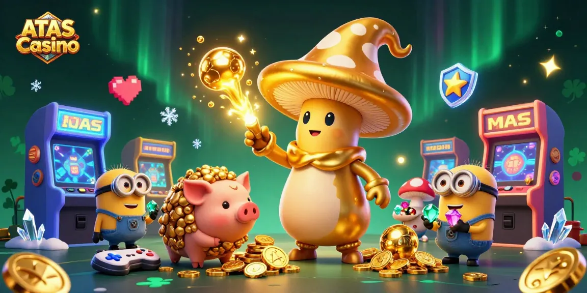 Engage with ATAS Casino’s dynamic thrill featuring a golden mushroom wizard and treasure-hunting characters.