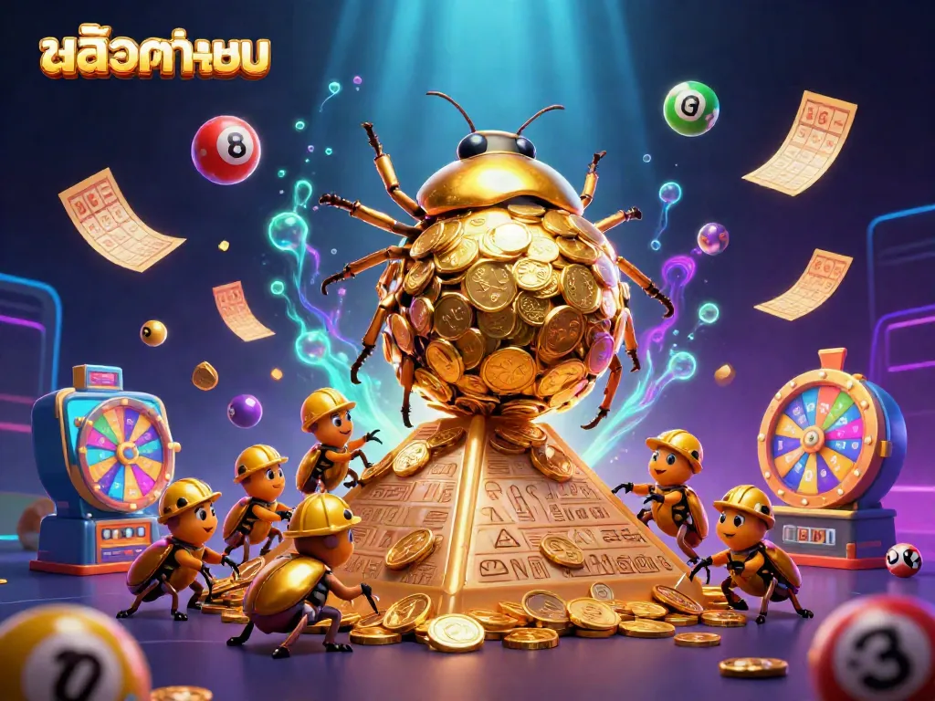 Experience สล็อตทดลอง with a dynamic scene featuring golden beetles and exciting casino symbols.