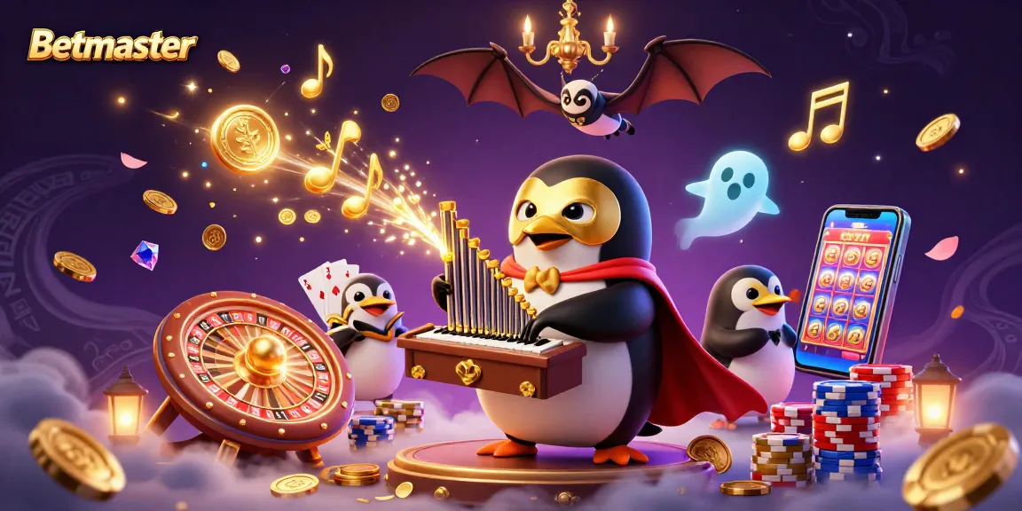 Betmaster offers thrilling gaming, featuring a penguin playing organ with golden coins, a vibrant casino scene.