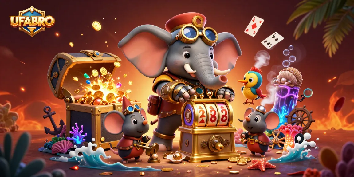 Experience the thrill of UFABRO with a vivid 3D scene of steampunk characters celebrating gambling wins.