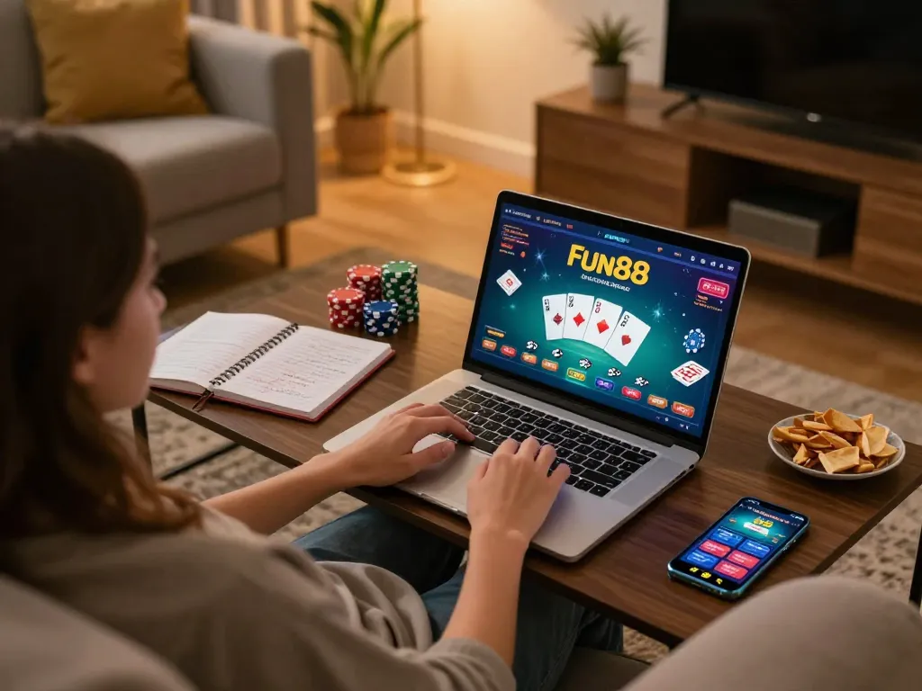 Experience fun88's online gaming action with a cozy home setup featuring poker gameplay.