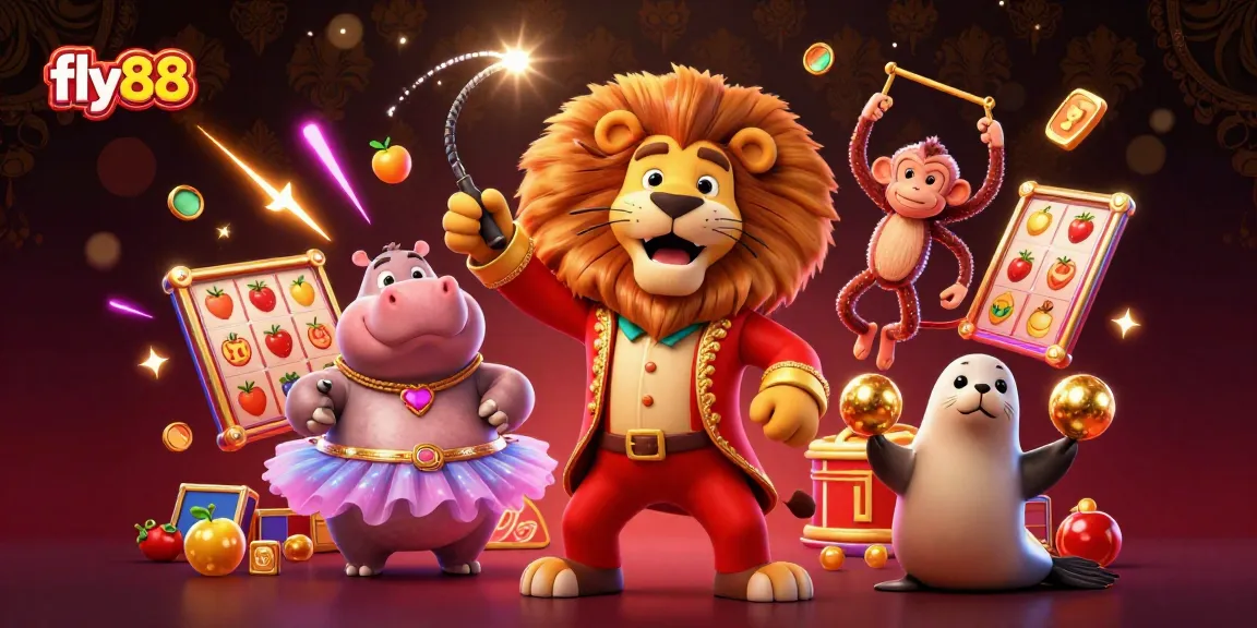Fly88's vibrant online casino scene with animated characters signifying winning jackpots and excitement.