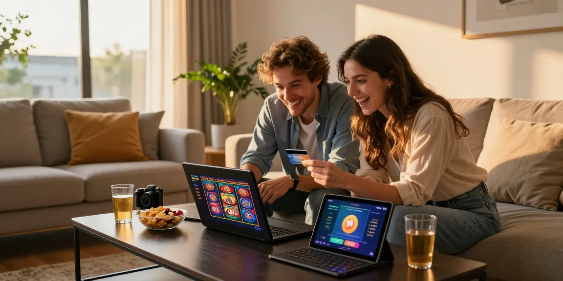 Engaged couple exploring top credit card casinos at https://fimltd.co.uk in a cozy living room.