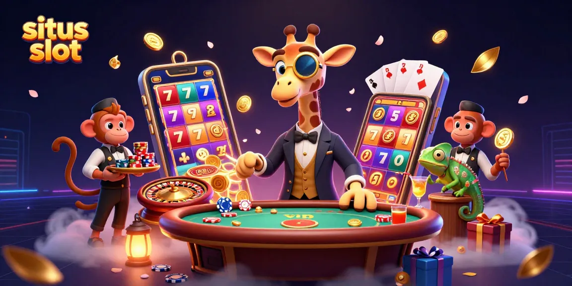 Engage with situs slot through a vibrant 3D casino scene featuring animated characters and exciting game elements.