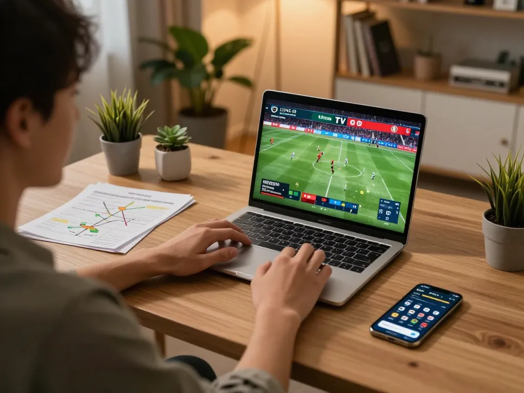 Lương Sơn TV streaming live football on a laptop in a cozy home office setup, enhancing online gaming experience.