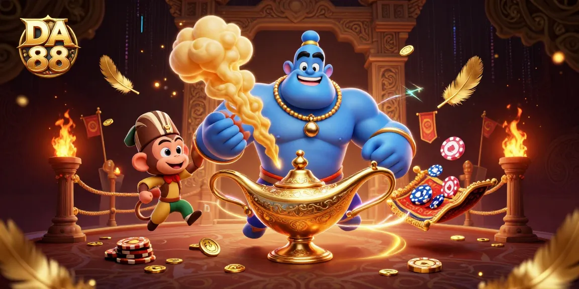 Experience DA 88 gameplay with a mystical genie and vibrant casino elements in 3D illustration.