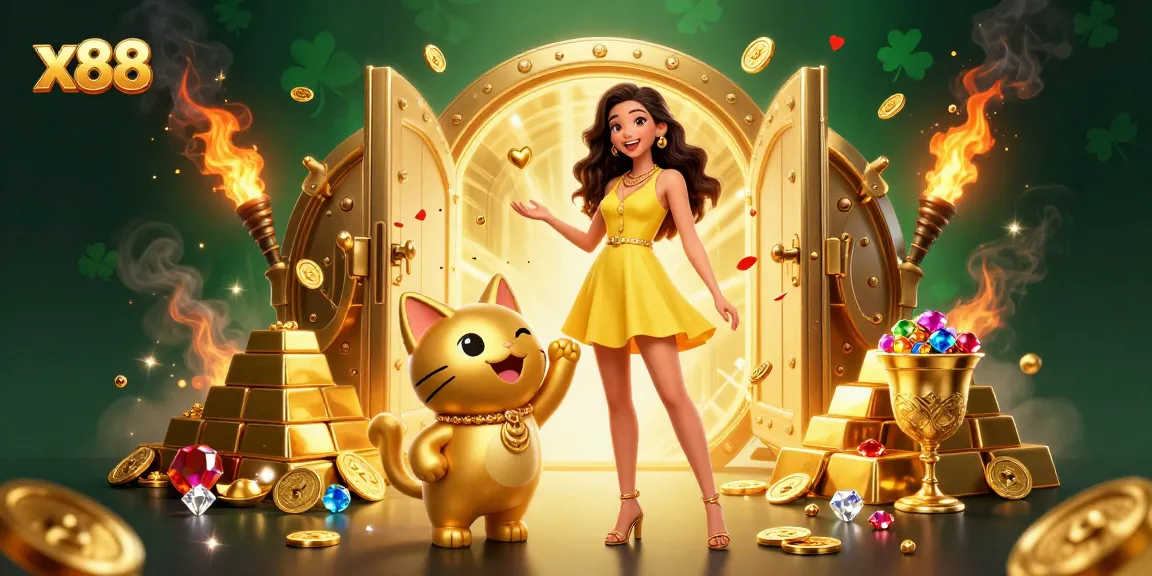 x88 brings luck with a cheerful Asian woman interacting with a lucky cat, surrounded by gold and games.