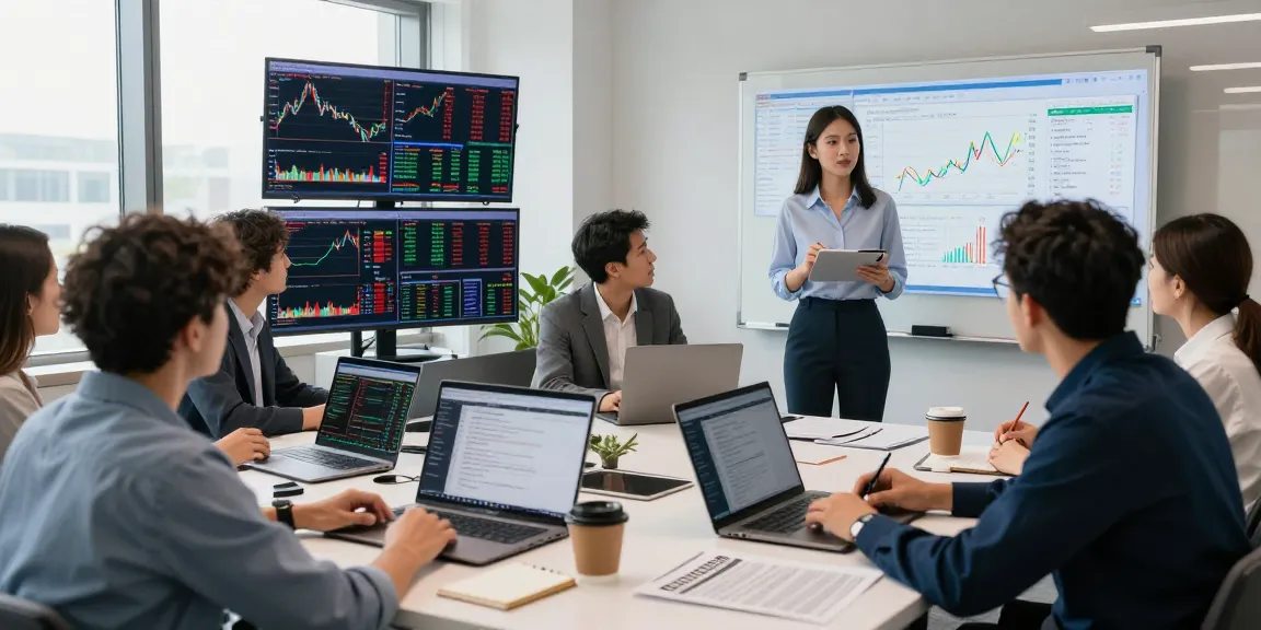 Situasi trading dinamis dengan kakakjudi dan trader di kantor modern menganalisa data prop trading.