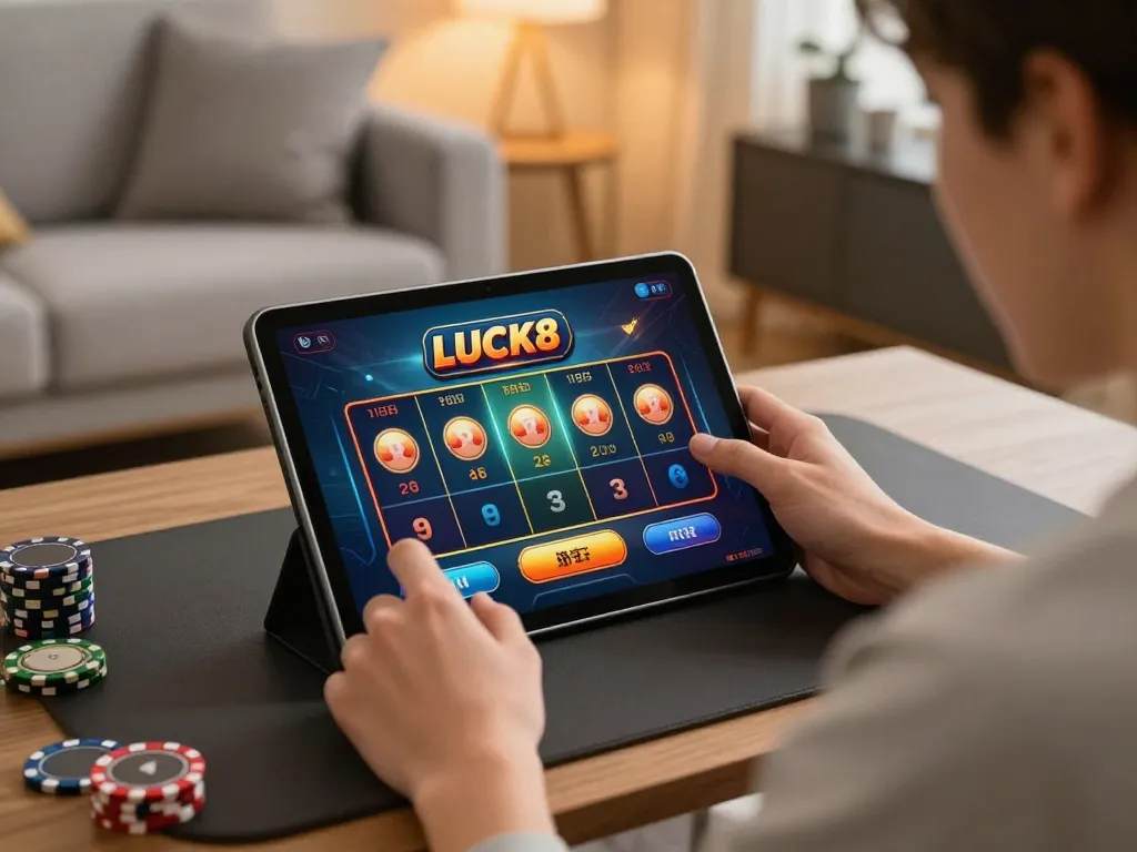 Gambling excitement with giới thiệu LUCK8 on tablet during home gaming session
