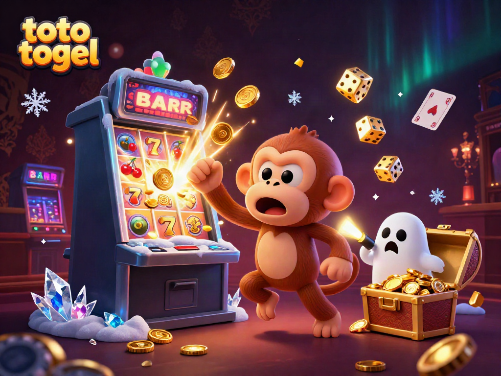 Experience thrilling toto togel action in a vibrant haunted casino scene with a mischievous poltergeist monkey and ghost-hunter puppy.