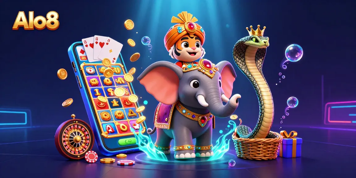 Alo8 casino vibrant 3D scene with a maharaja tiger, elephant, and cobra amidst colorful slot game elements.