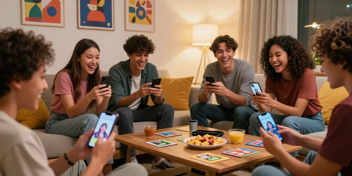 Friends playing a smash or pass game with AI-generated images in a cozy living room.