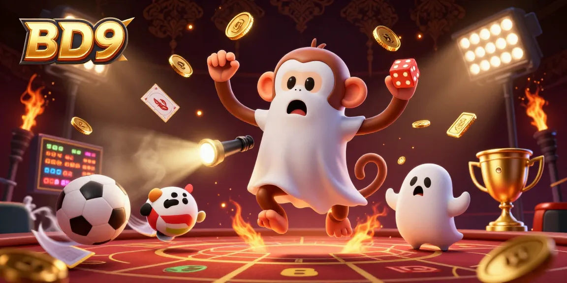 Experience thrilling action at BD9 with a playful poltergeist monkey juggling golden casino elements.