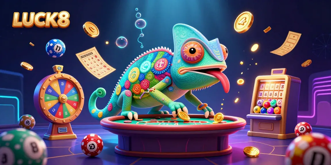 Experience the thrill of LUCK8 with a vibrant casino scene featuring a chameleon owner and dynamic game elements.