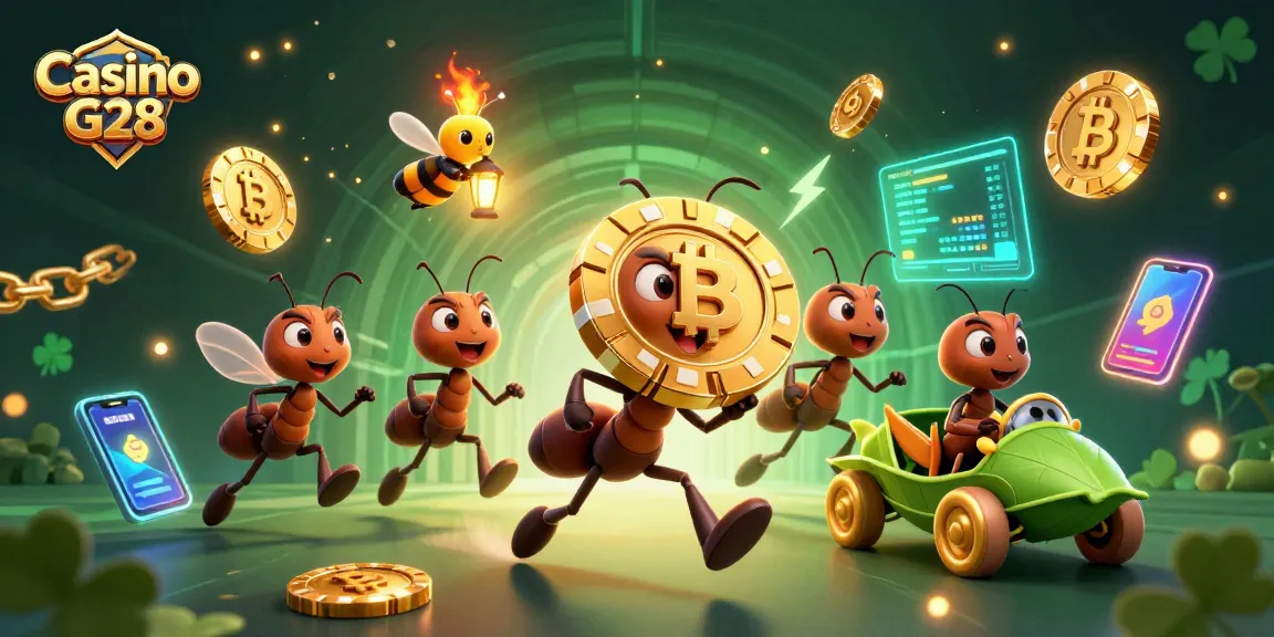 Participate in exciting casino adventures with Casino G28 featuring animated ants, crypto coins, and vibrant scenes.