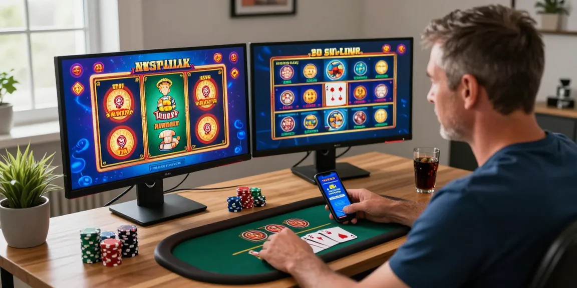 Player at home exploring the best online casinos on dual screens with vibrant games and engaging decor.