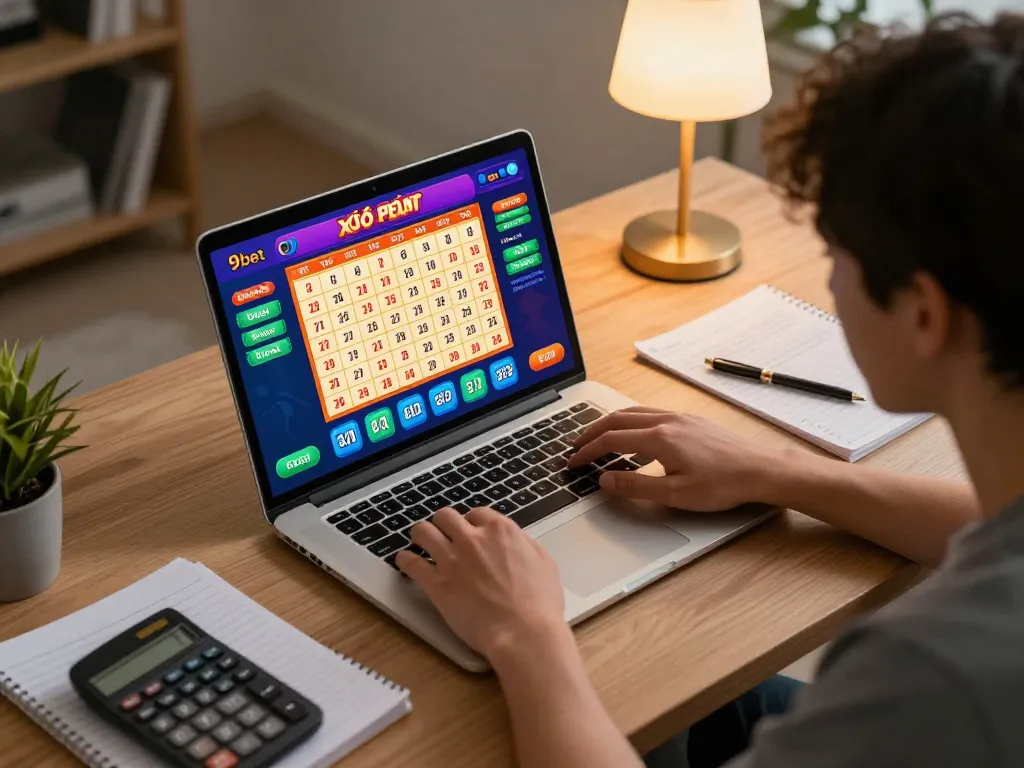 xổ số 9bet betting session showing player engaging with lottery numbers on laptop screen