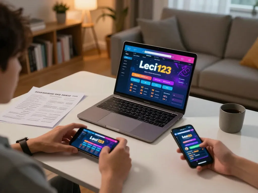 Leci123 platform user enjoying live betting at home with laptop and smartphone.