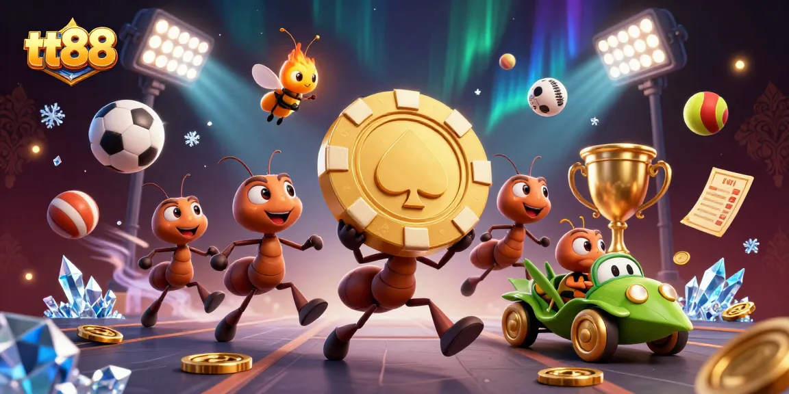 tt88 players engaging in gambling heist with golden poker chip and animated sports elements.