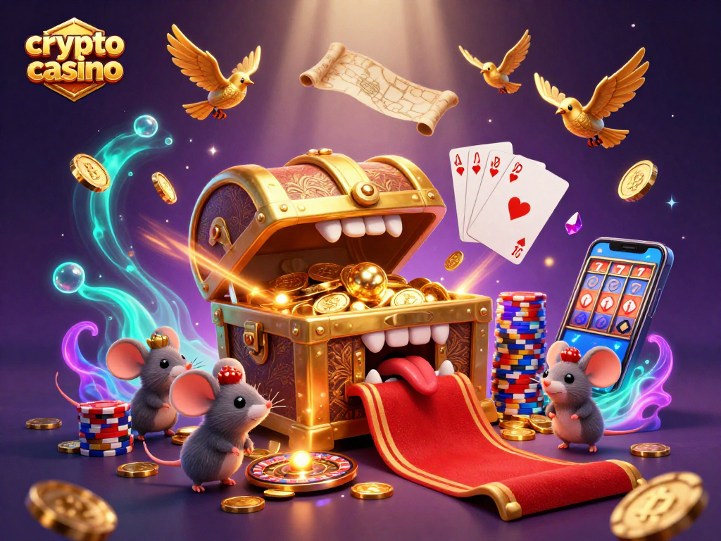 Crypto casino scene showcasing adventure mice and treasure in a vibrant, dynamic illustration.