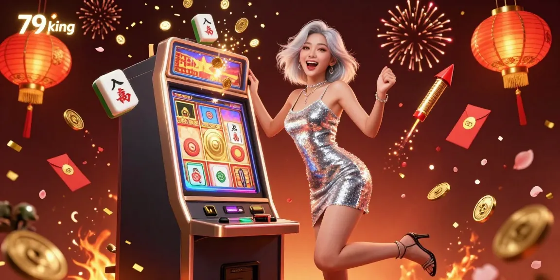 Celebrate winnings at 79 king with golden coins erupting from a slot machine.