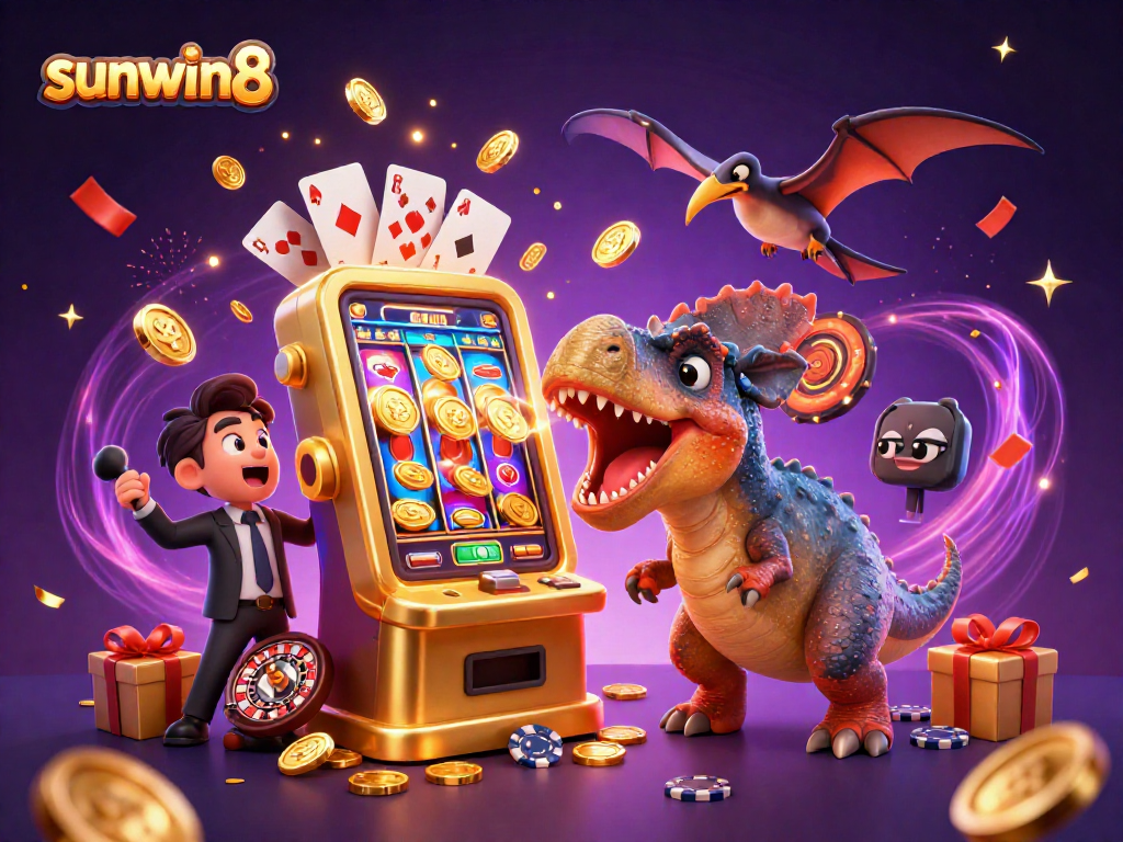 Experience sunwin8 with vibrant gaming action featuring dinosaurs, slot machines, and flying coins