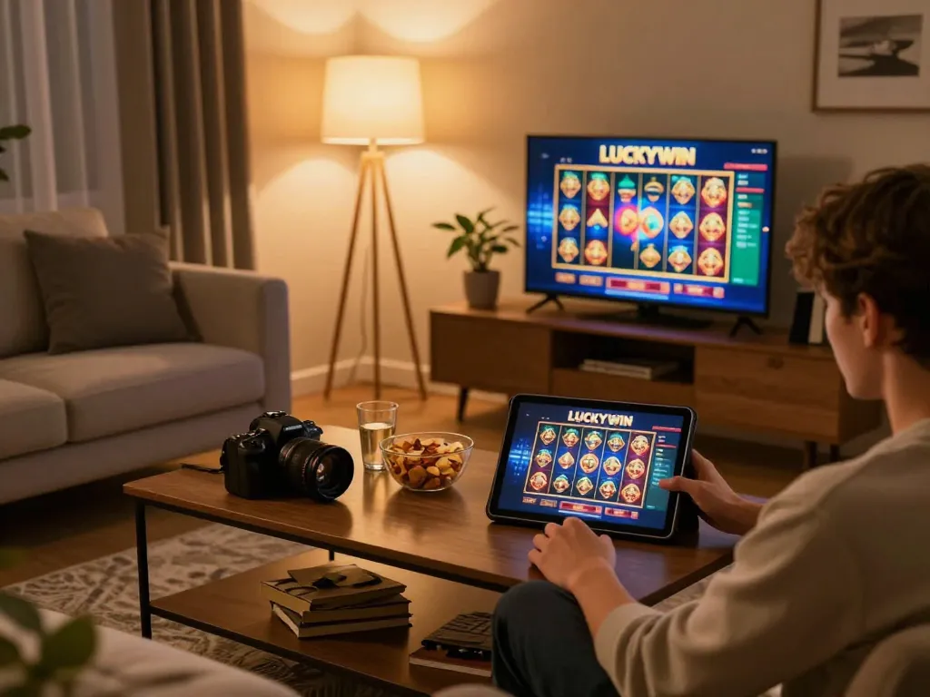 Player enjoying LUCKYWIN slots on a tablet in a cozy home gaming environment with snacks