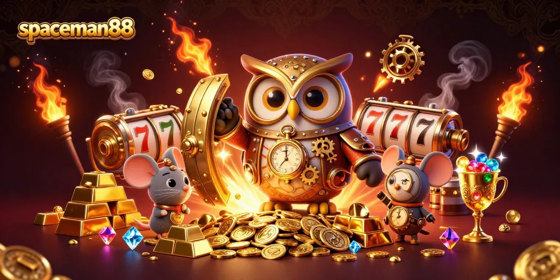 Experience thrilling wins at spaceman88 with vibrant slot games and steampunk characters in this dynamic illustration.