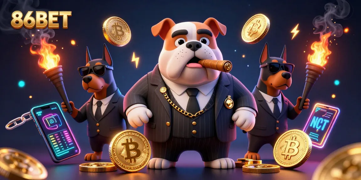 Engage with 86BET's vibrant crypto casino energy featuring a mafia bulldog and Dobermans.
