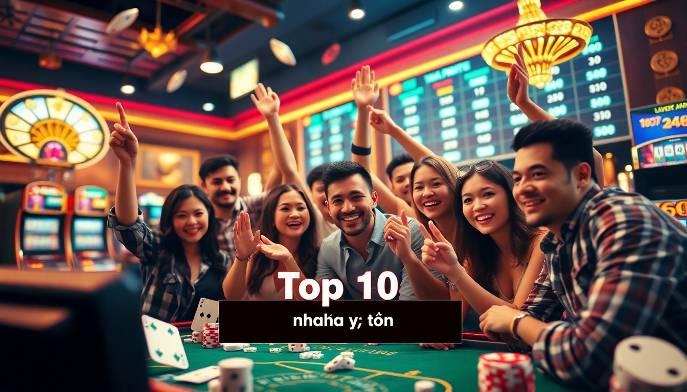 Excited players celebrating wins at a premier casino highlighting Top 10 nhà cái uy tín.