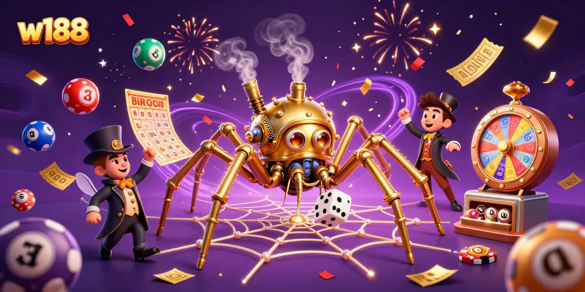 Catch exciting w188 wins with a steampunk spider and colorful lottery elements in a vibrant casino scene.