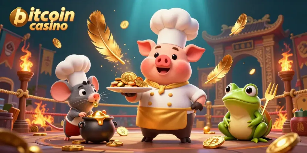 Experience the excitement of a bitcoin casino with a chef pig serving Bitcoin coins in a vibrant scene.
