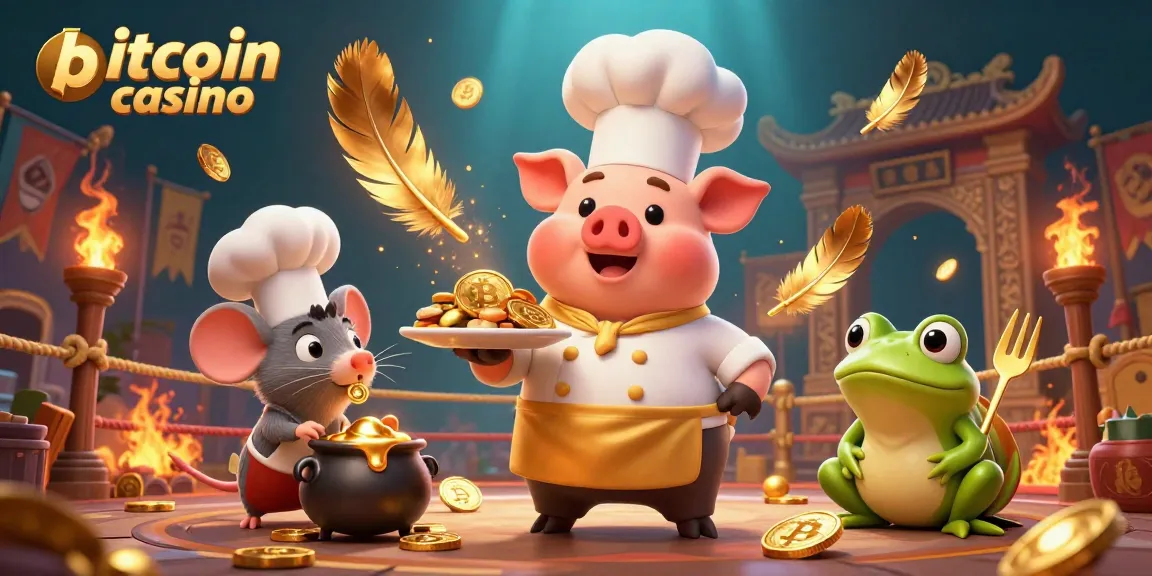 Experience the excitement of a bitcoin casino with a chef pig serving Bitcoin coins in a vibrant scene.