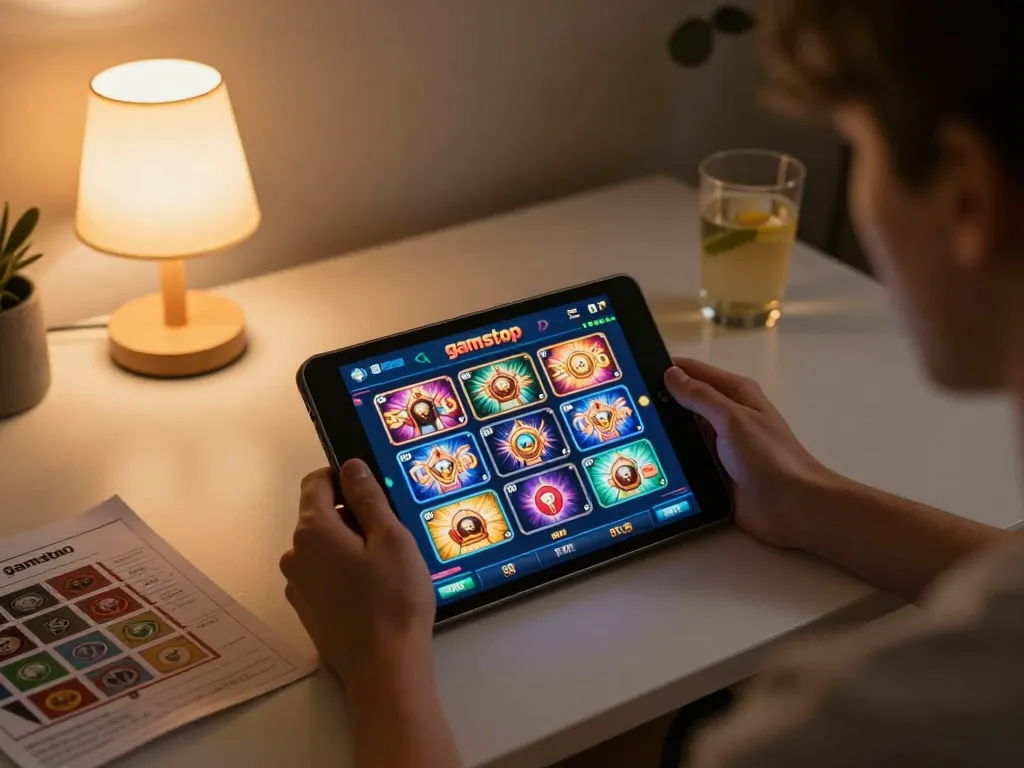 Engaged player exploring slots not on gamstop in a cozy home setting