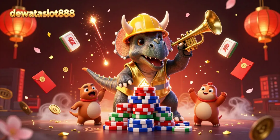 dewataslot888 membangun piramida chip poker dengan karakter ceria di latar belakang kasino