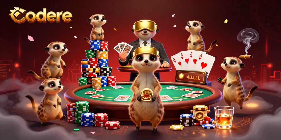 Winning at Codere: Cartoon meerkats expertly managing a vibrant casino scene with colorful chips and games.