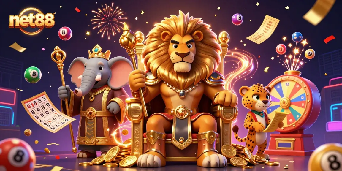 Experience thrilling moments at net88 with a vibrant scene showcasing a lion king and exciting lottery elements.