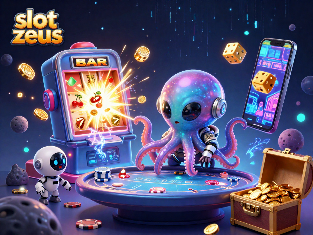 Experience thrilling gameplay with slot zeus, surrounded by a vibrant jackpot scene filled with 3D characters and casino elements.