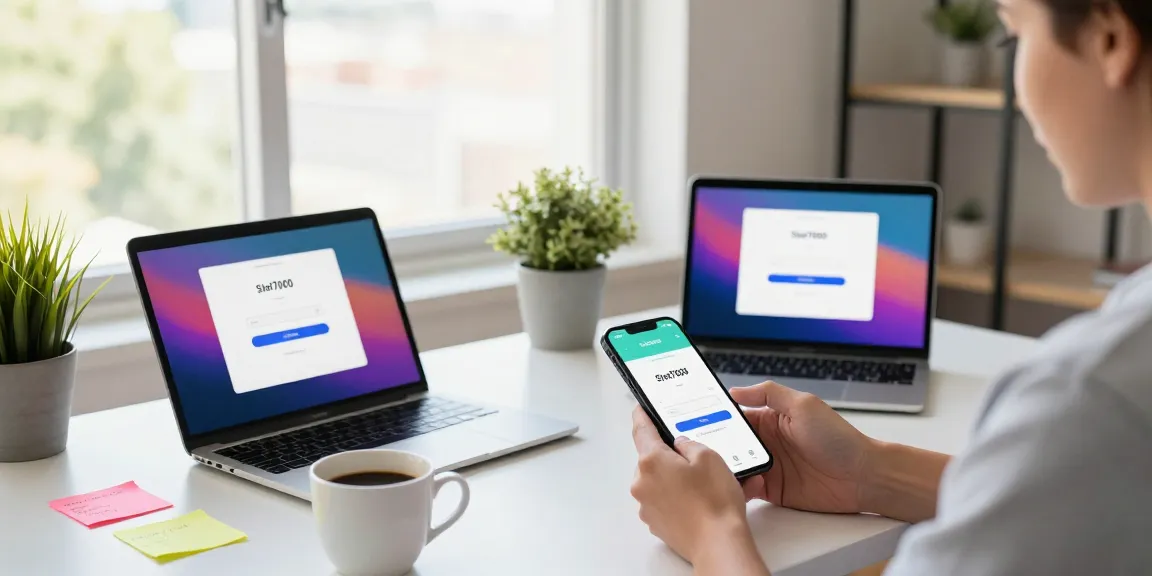 Using Slot7000 app on smartphone in a modern workspace with multiple devices and natural light.