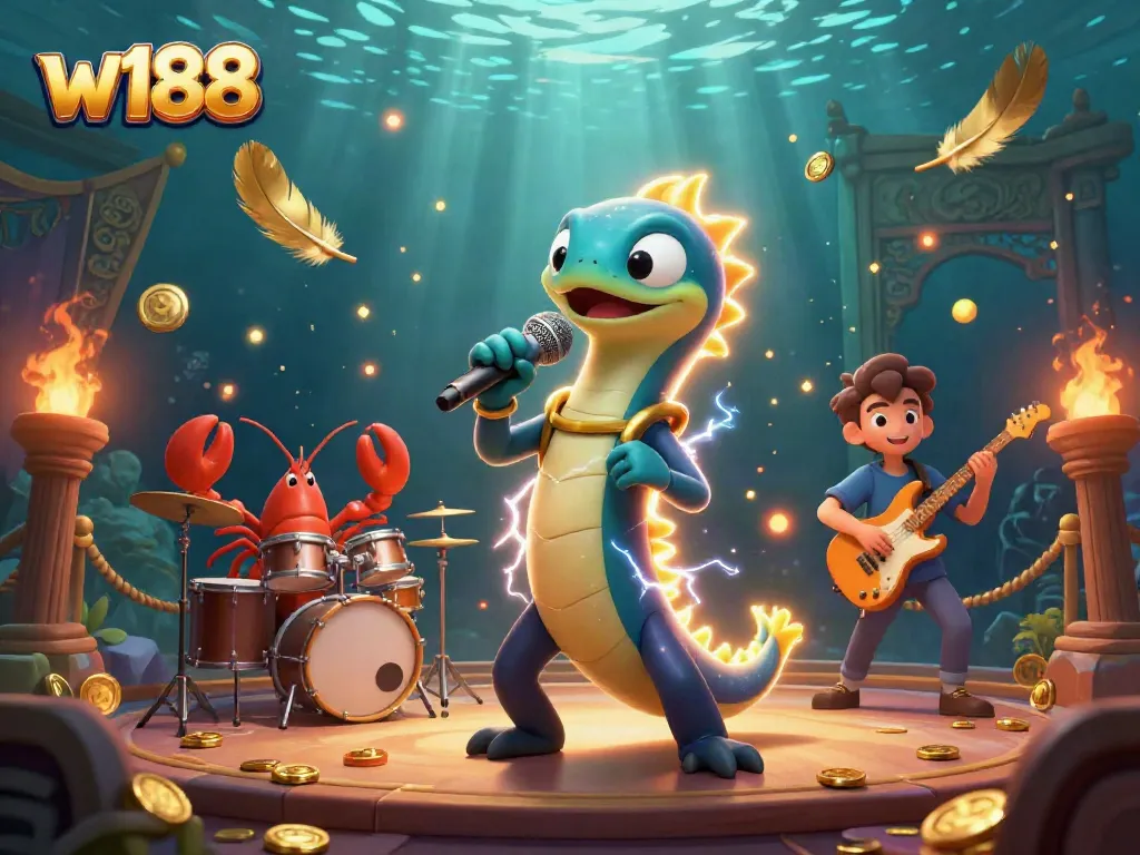 Experience thrilling underwater DJ performance at w188's vibrant casino environment with electrifying characters.